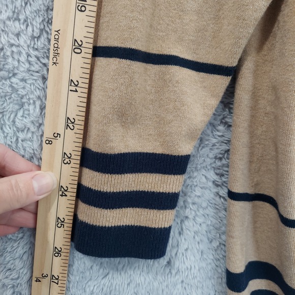 Duluth Trading Longline Cardigan Womens 1X Tan Navy Striped Open Front Preppy - Picture 10 of 13
